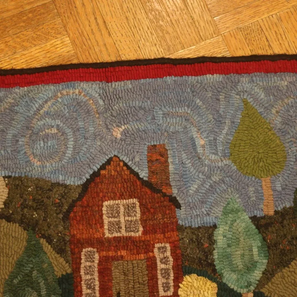 VINTAGE Hand Hooked Rug Summer HOME House Trees Landscape Primitive Folk 19x15